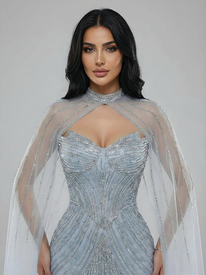 Luxury Nude Mermaid Evening Dress with Cape Sleeves LA73118