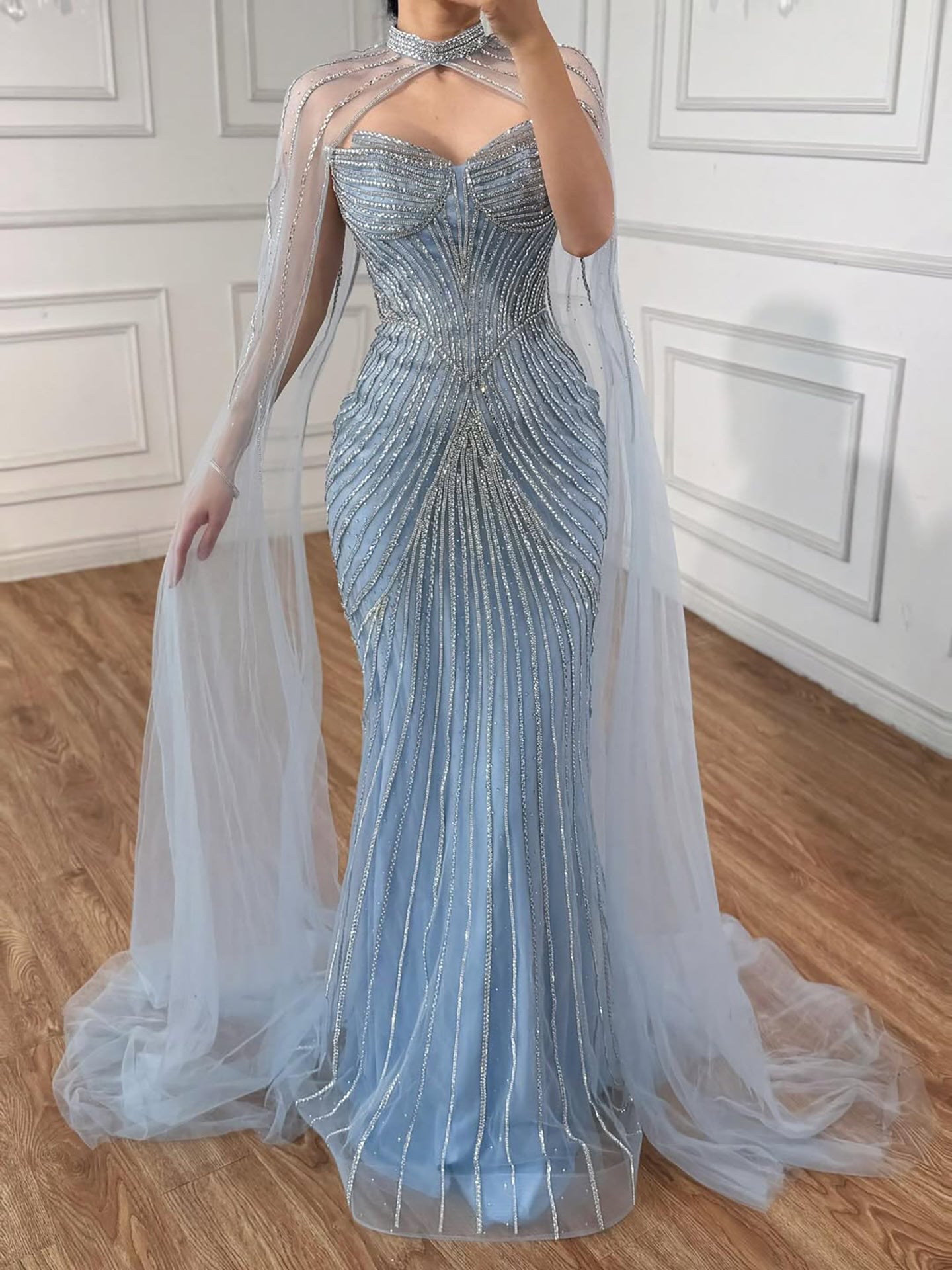 Luxury Nude Mermaid Evening Dress with Cape Sleeves LA73118