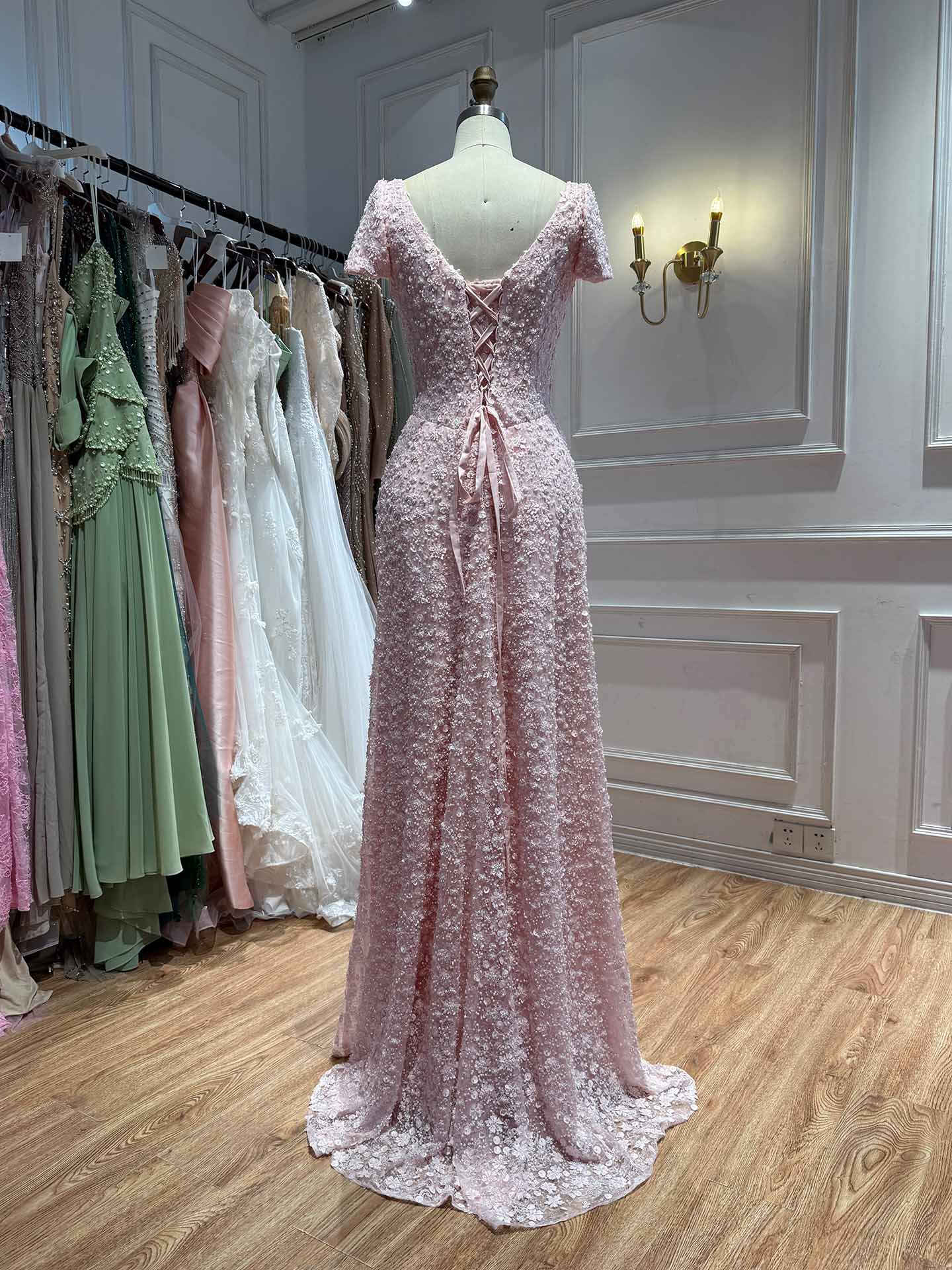 Luxury Pink Floral Appliqué Evening Dress with Open Back LA73119 SERENE HILL