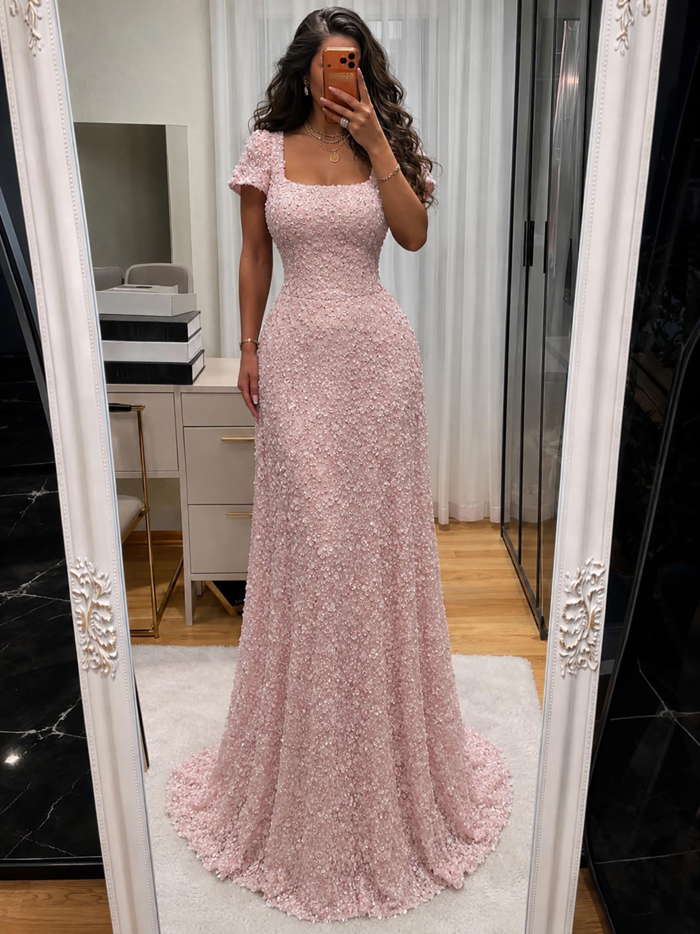 Luxury Pink Floral Appliqué Evening Dress with Open Back LA73119 SERENE HILL