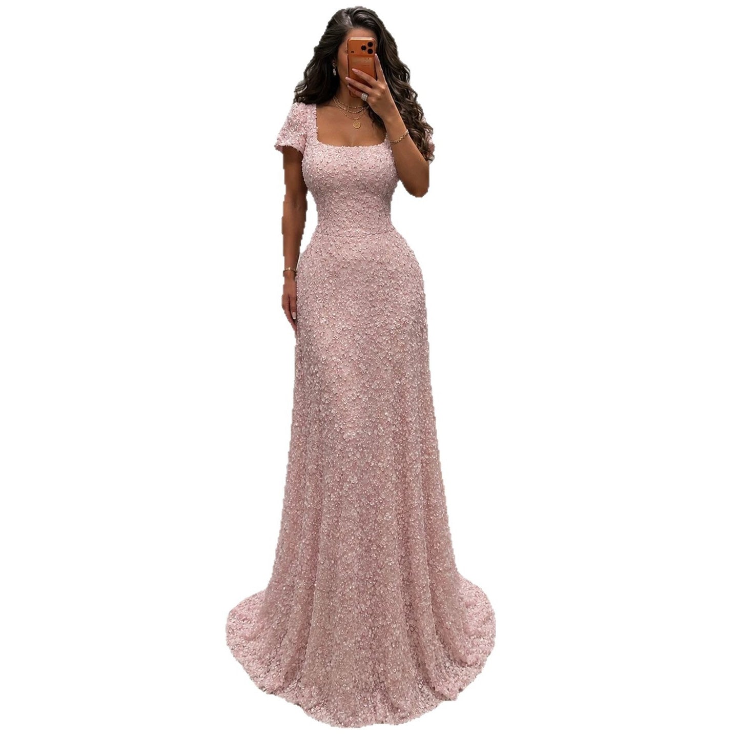 Luxury Pink Floral Appliqué Evening Dress with Open Back LA73119 SERENE HILL
