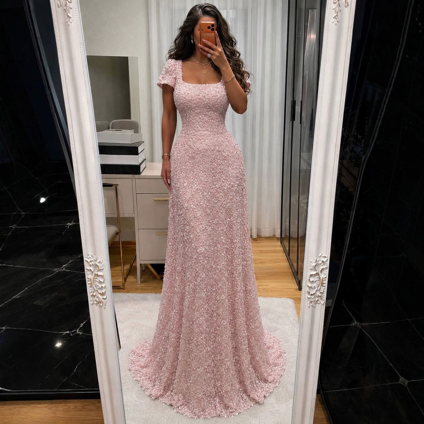 Luxury Pink Floral Appliqué Evening Dress with Open Back LA73119 SERENE HILL