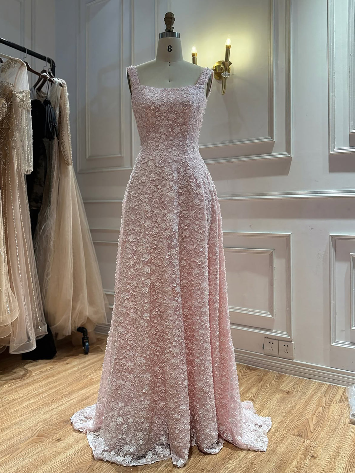 Luxury Pink 3D Floral Beaded A-Line Evening Dress LA73119A