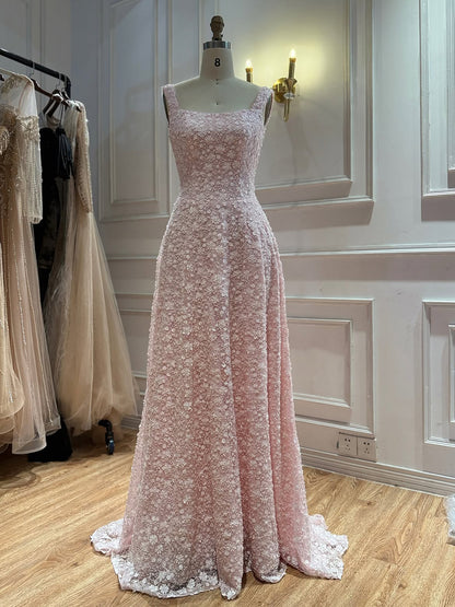 Luxury Pink 3D Floral Beaded A-Line Evening Dress LA73119A
