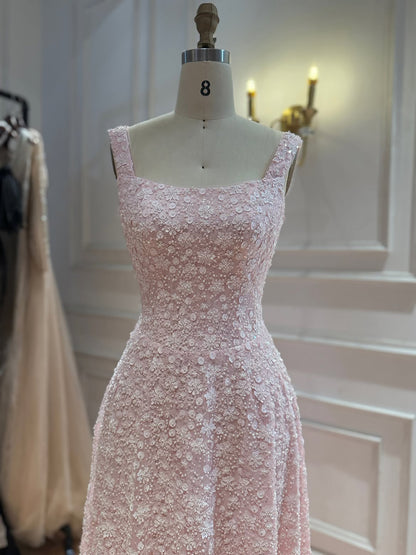 Luxury Pink 3D Floral Beaded A-Line Evening Dress LA73119A
