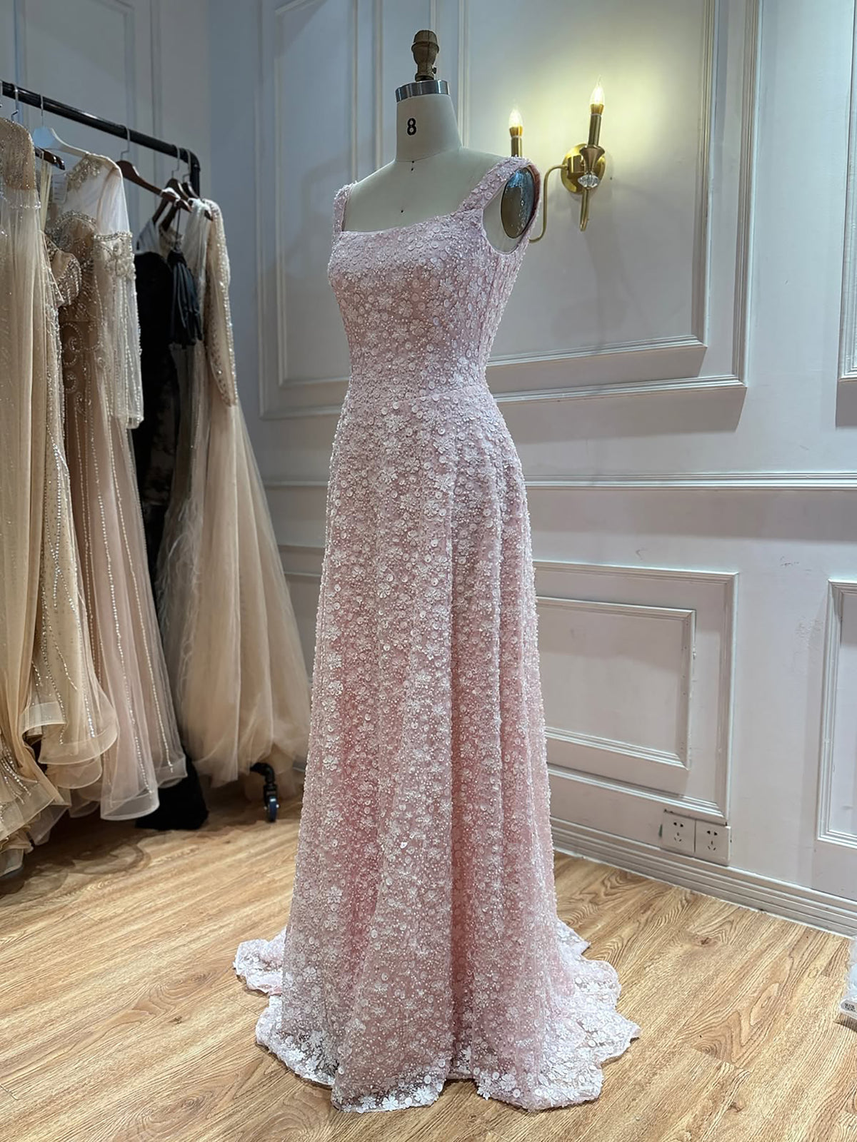 Luxury Pink 3D Floral Beaded A-Line Evening Dress LA73119A