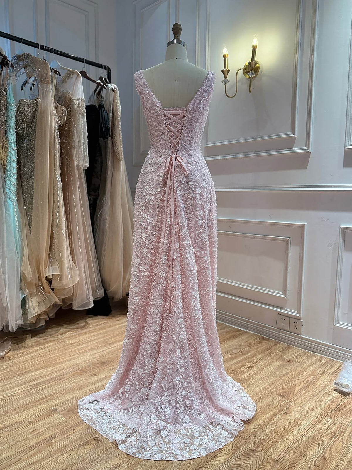 Luxury Pink 3D Floral Beaded A-Line Evening Dress LA73119A