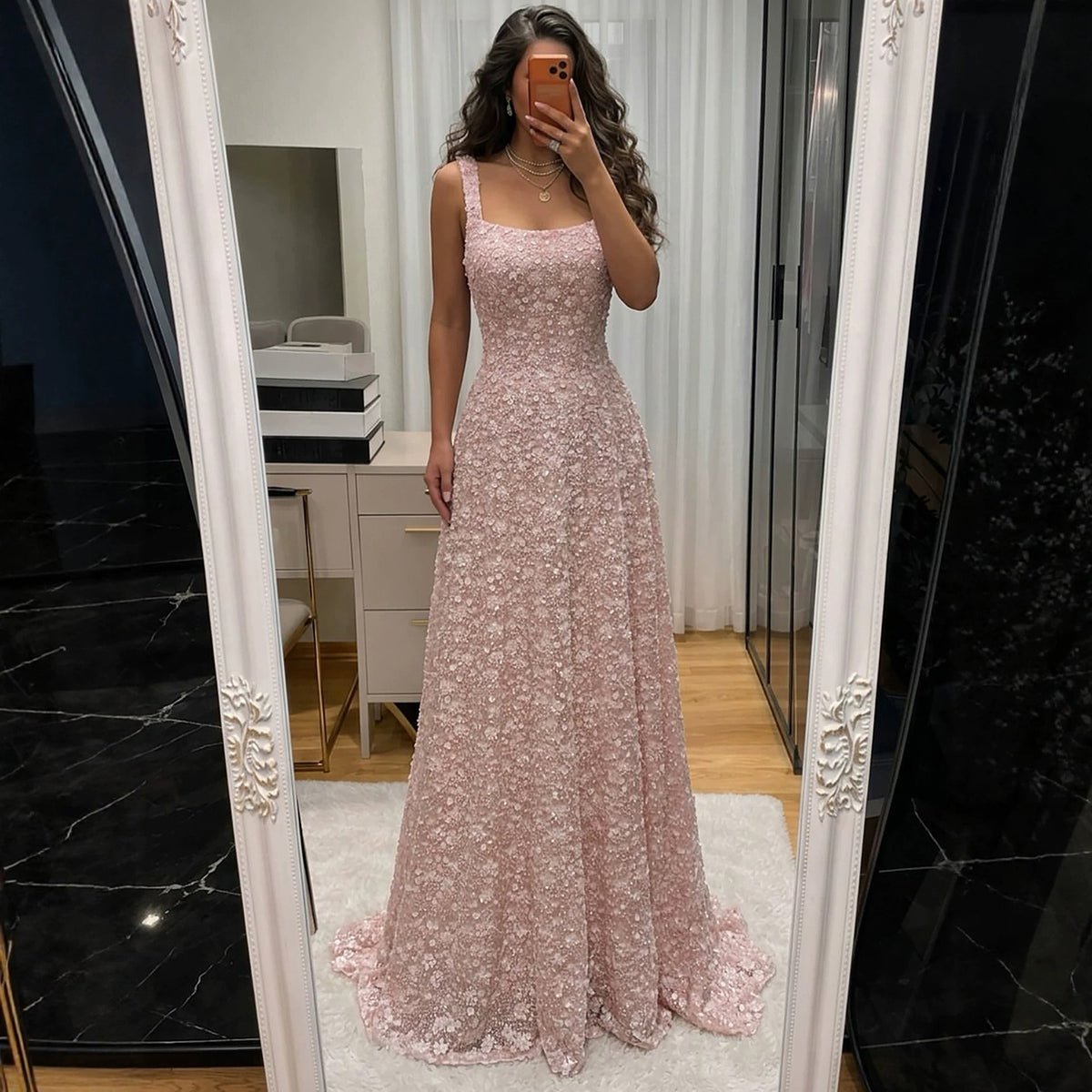 Luxury Pink 3D Floral Beaded A-Line Evening Dress LA73119A
