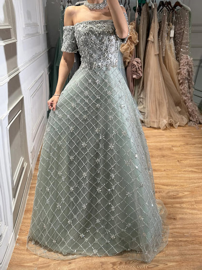 Luxury Nude Sliver Off Shoulder Beaded Crystal A-Line Evening Dress LA73122 SERENE HILL