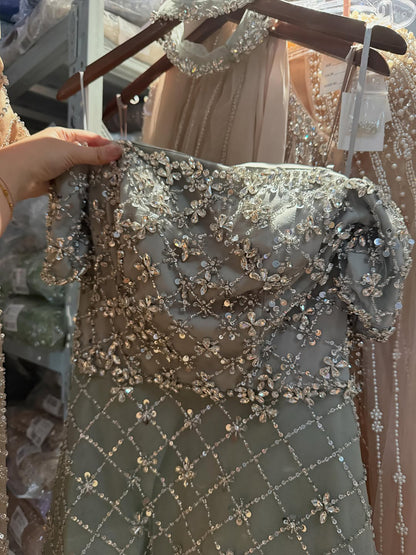Luxury Nude Sliver Off Shoulder Beaded Crystal A-Line Evening Dress LA73122 SERENE HILL