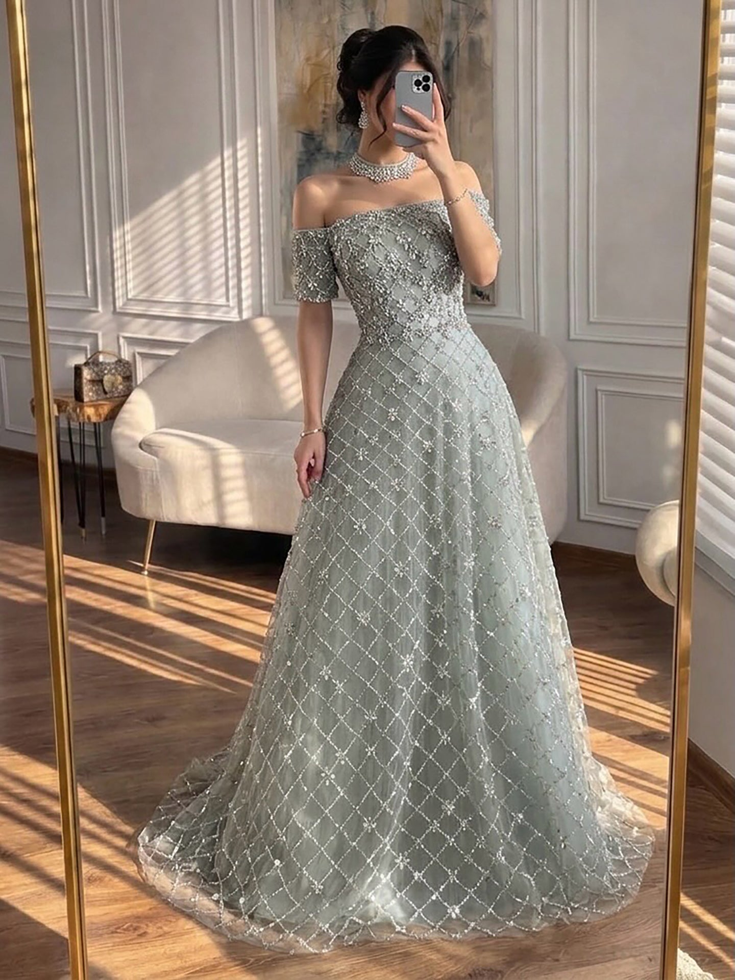 Luxury Nude Sliver Off Shoulder Beaded Crystal A-Line Evening Dress LA73122 SERENE HILL