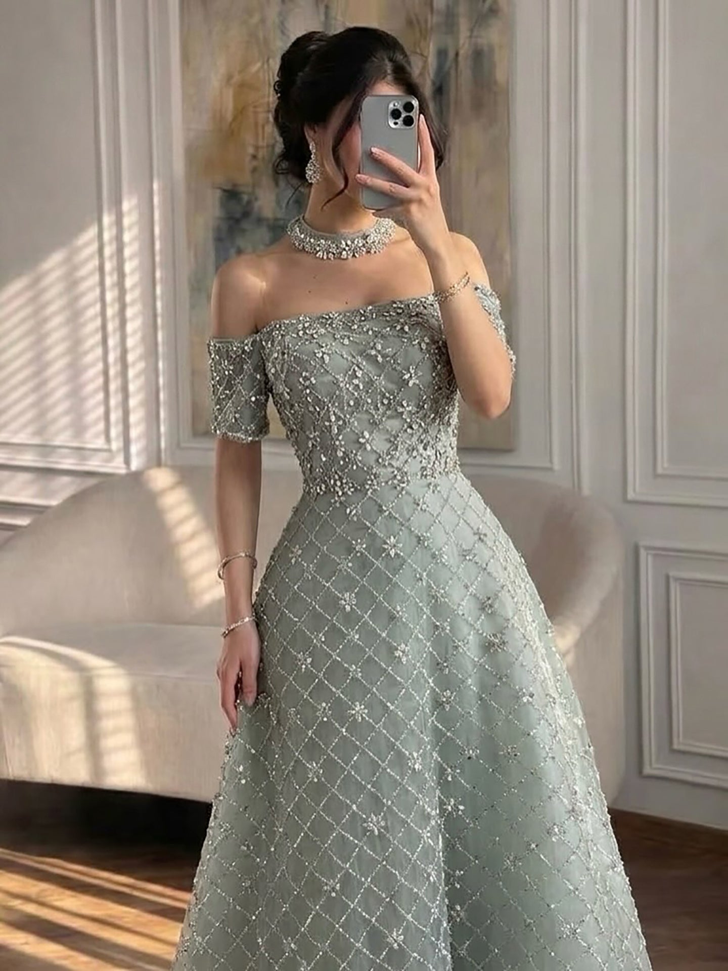 Luxury Nude Sliver Off Shoulder Beaded Crystal A-Line Evening Dress LA73122 SERENE HILL