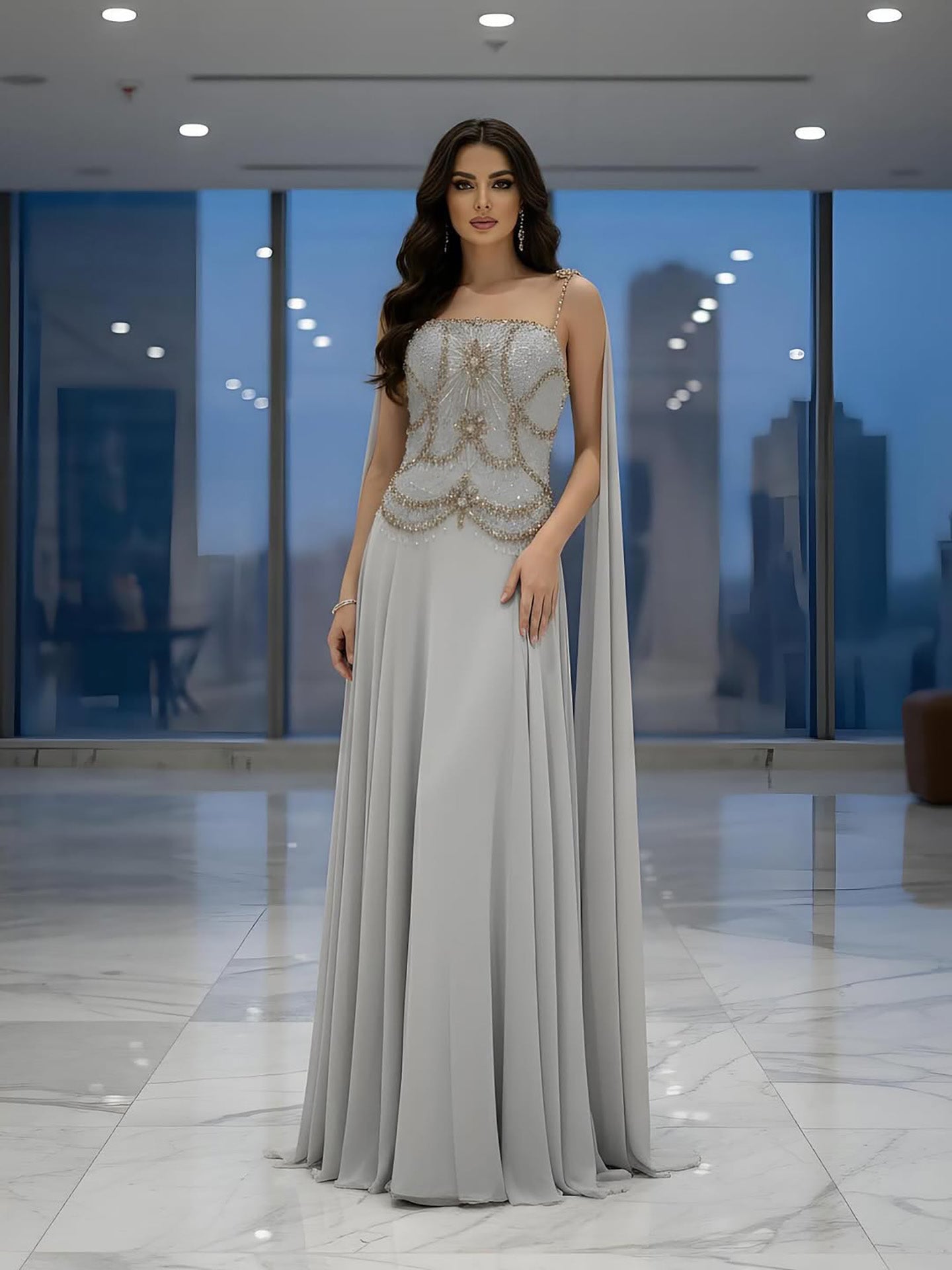 Luxury Gray Chiffon Cape Evening Dress with Beaded Bodice LA73123 - SERENE  HILL