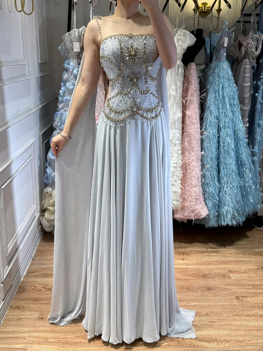 Luxury Gray Chiffon Cape Evening Dress with Beaded Bodice LA73123 - SERENE  HILL