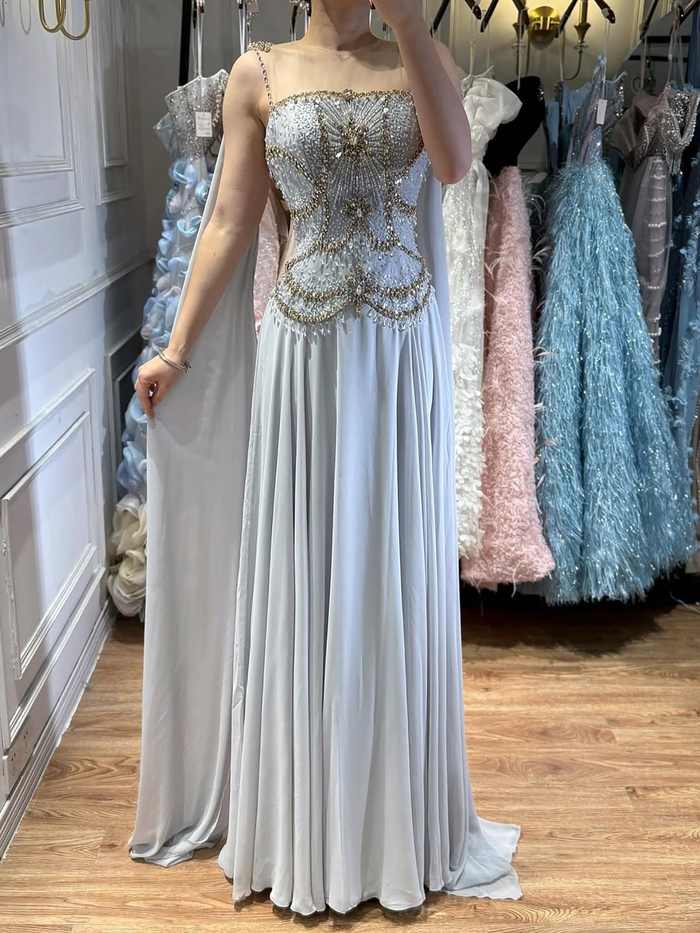 Luxury Gray Chiffon Cape Evening Dress with Beaded Bodice LA73123 - SERENE  HILL