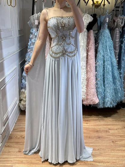 Luxury Gray Chiffon Cape Evening Dress with Beaded Bodice LA73123 - SERENE  HILL