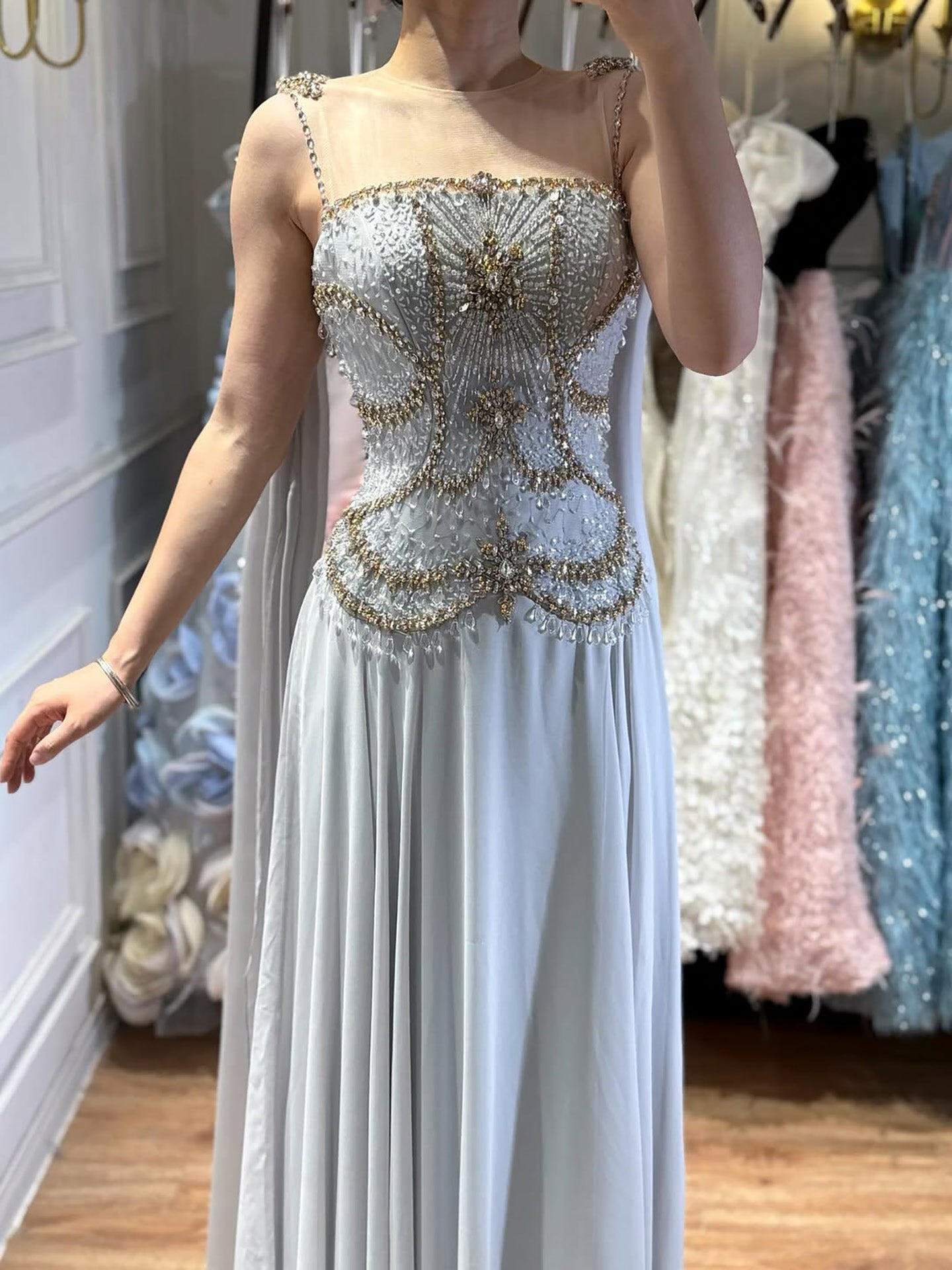 Luxury Gray Chiffon Cape Evening Dress with Beaded Bodice LA73123 - SERENE  HILL