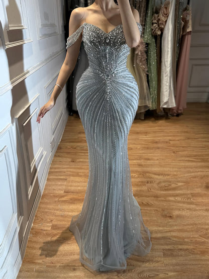 Luxury Arabic Nude Crystal Off Shoulder Beaded Mermaid Evening Dress LA73128A SERENE HILL