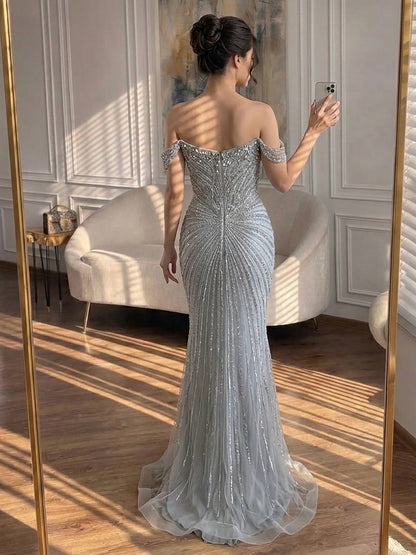 Luxury Arabic Nude Crystal Off Shoulder Beaded Mermaid Evening Dress LA73128A SERENE HILL