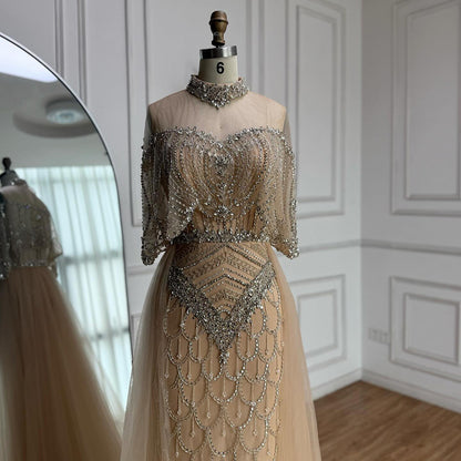 Luxury Gray Beaded Evening Dress with Overskirt LA73129 - SERENE  HILL