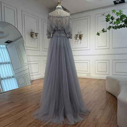 Luxury Gray Beaded Evening Dress with Overskirt LA73129 - SERENE  HILL