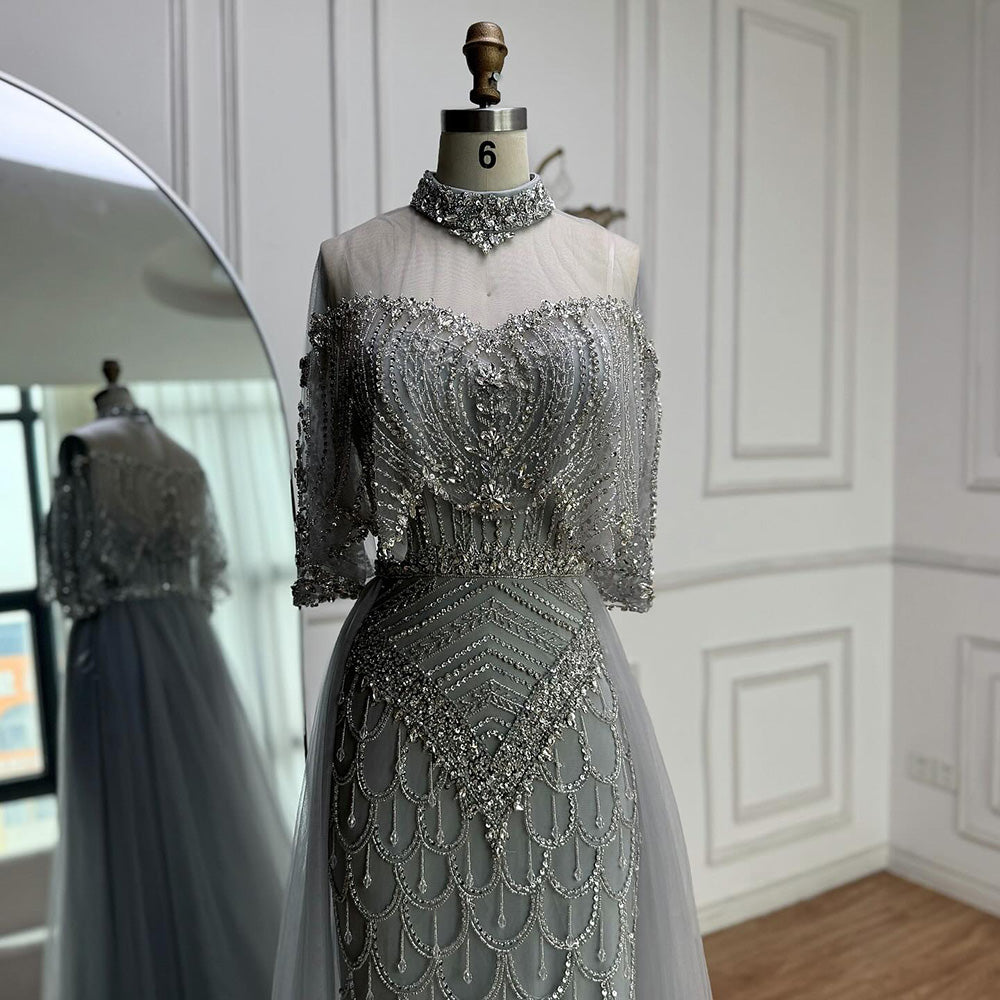 Luxury Gray Beaded Evening Dress with Overskirt LA73129 - SERENE  HILL