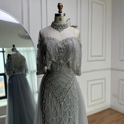Luxury Gray Beaded Evening Dress with Overskirt LA73129 - SERENE  HILL