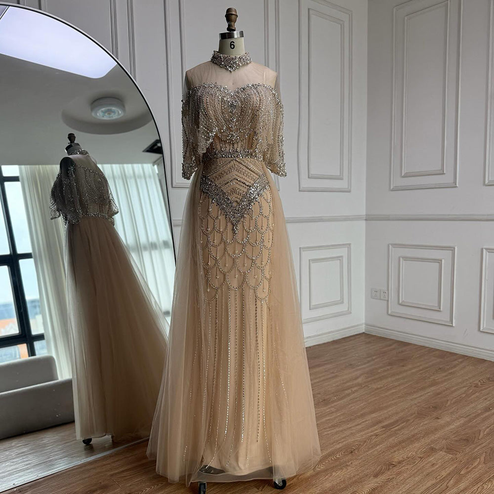 Luxury Gray Beaded Evening Dress with Overskirt LA73129 - SERENE  HILL
