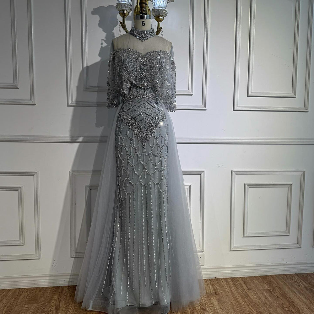 Luxury Gray Beaded Evening Dress with Overskirt LA73129 - SERENE  HILL