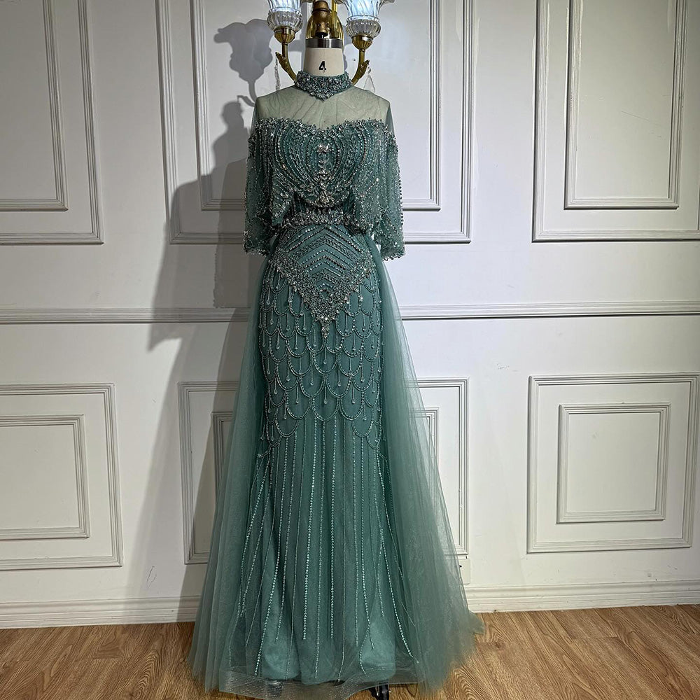 Luxury Gray Beaded Evening Dress with Overskirt LA73129 - SERENE  HILL