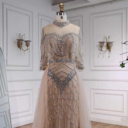 Luxury Gray Beaded Evening Dress with Overskirt LA73129 - SERENE  HILL