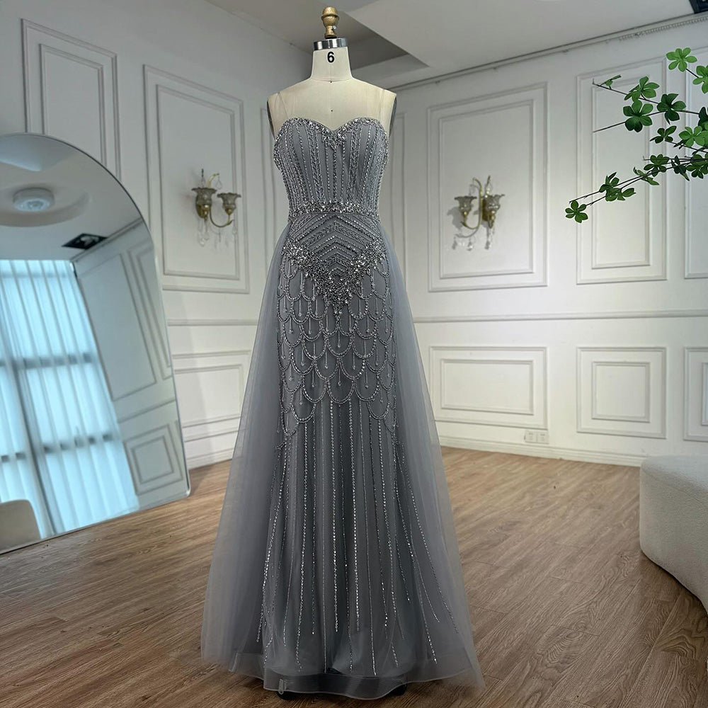 Luxury Gray Beaded Evening Dress with Overskirt LA73129 - SERENE  HILL