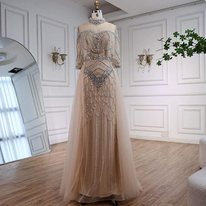 Luxury Gray Beaded Evening Dress with Overskirt LA73129 - SERENE  HILL