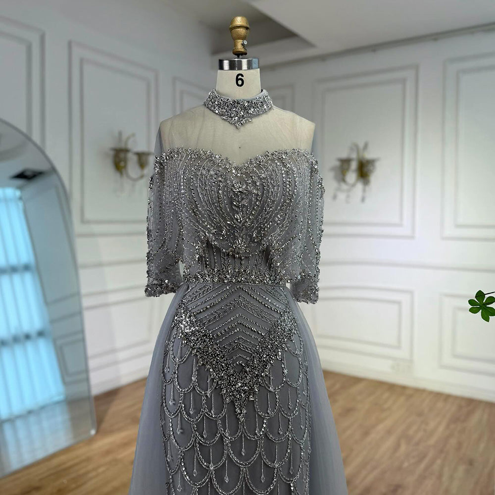 Luxury Gray Beaded Evening Dress with Overskirt LA73129 - SERENE  HILL