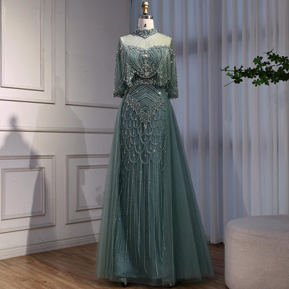 Luxury Gray Beaded Evening Dress with Overskirt LA73129 - SERENE  HILL