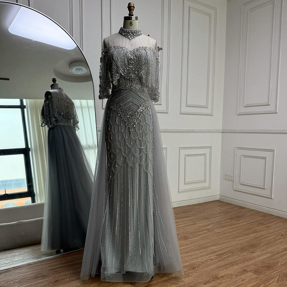 Luxury Gray Beaded Evening Dress with Overskirt LA73129 - SERENE  HILL