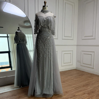 Luxury Gray Beaded Evening Dress with Overskirt LA73129 - SERENE  HILL