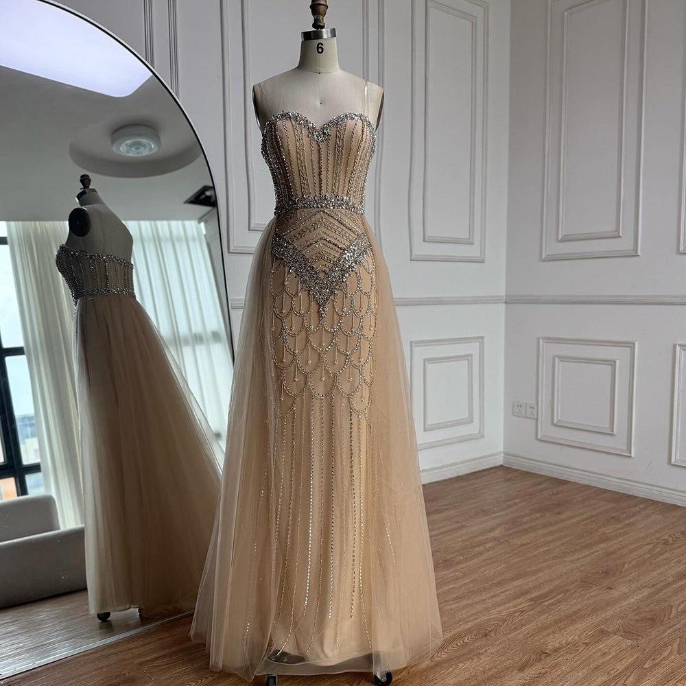 Luxury Gray Beaded Evening Dress with Overskirt LA73129 - SERENE  HILL