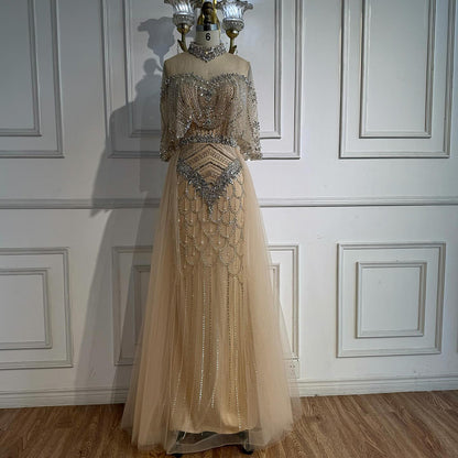 Luxury Gray Beaded Evening Dress with Overskirt LA73129 - SERENE  HILL