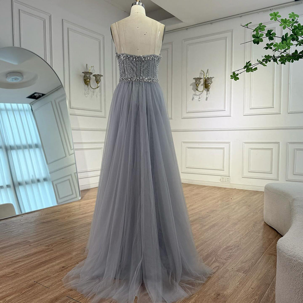 Luxury Gray Beaded Evening Dress with Overskirt LA73129 - SERENE  HILL