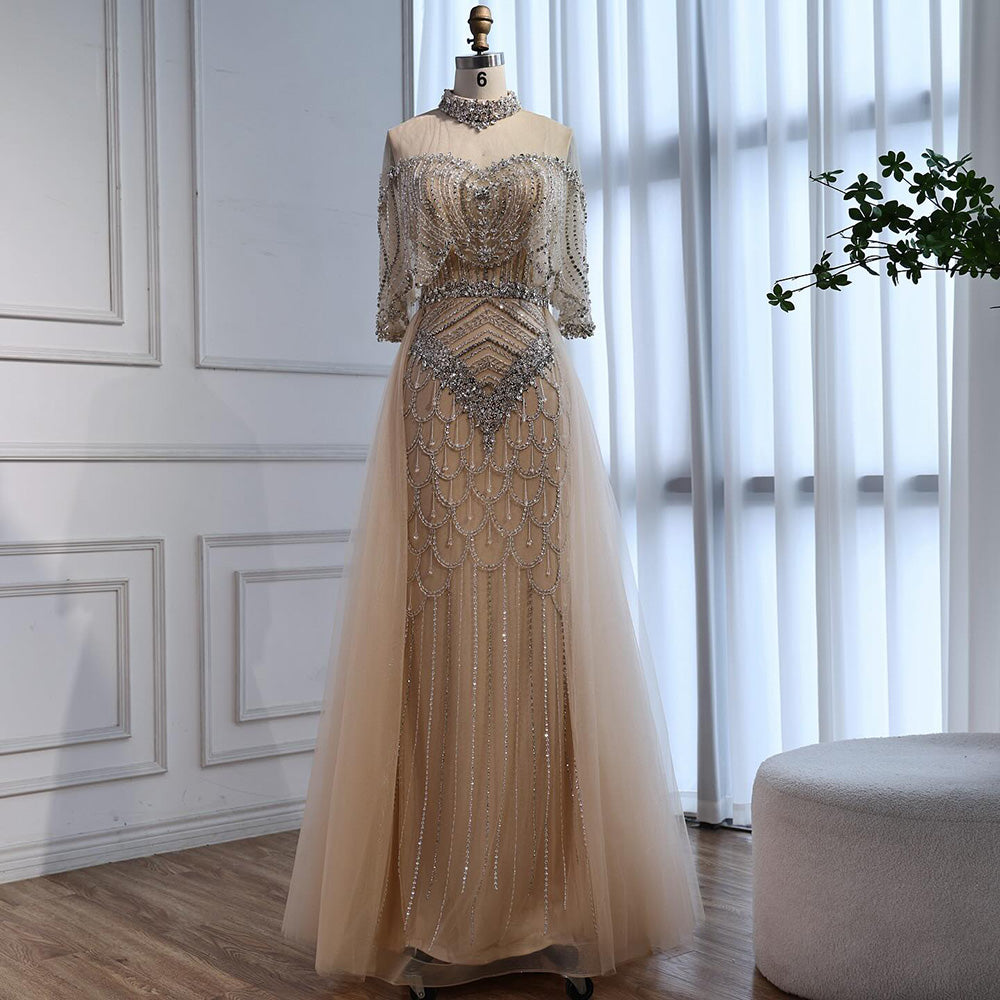 Luxury Gray Beaded Evening Dress with Overskirt LA73129 - SERENE  HILL