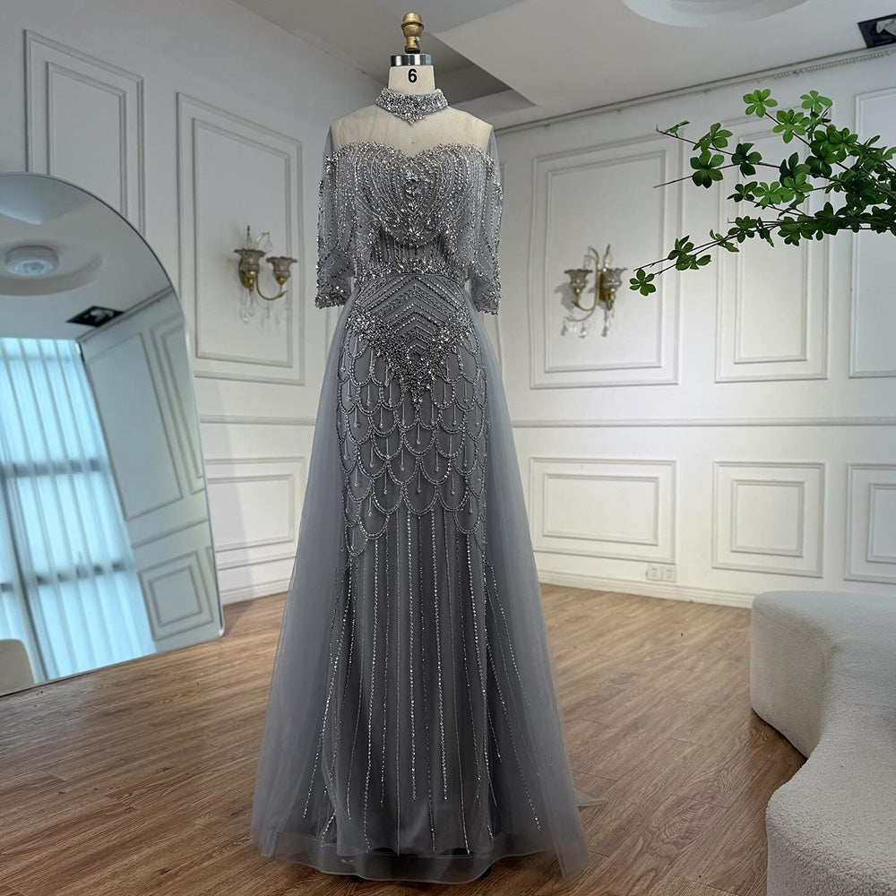 Luxury Gray Beaded Evening Dress with Overskirt LA73129 - SERENE  HILL