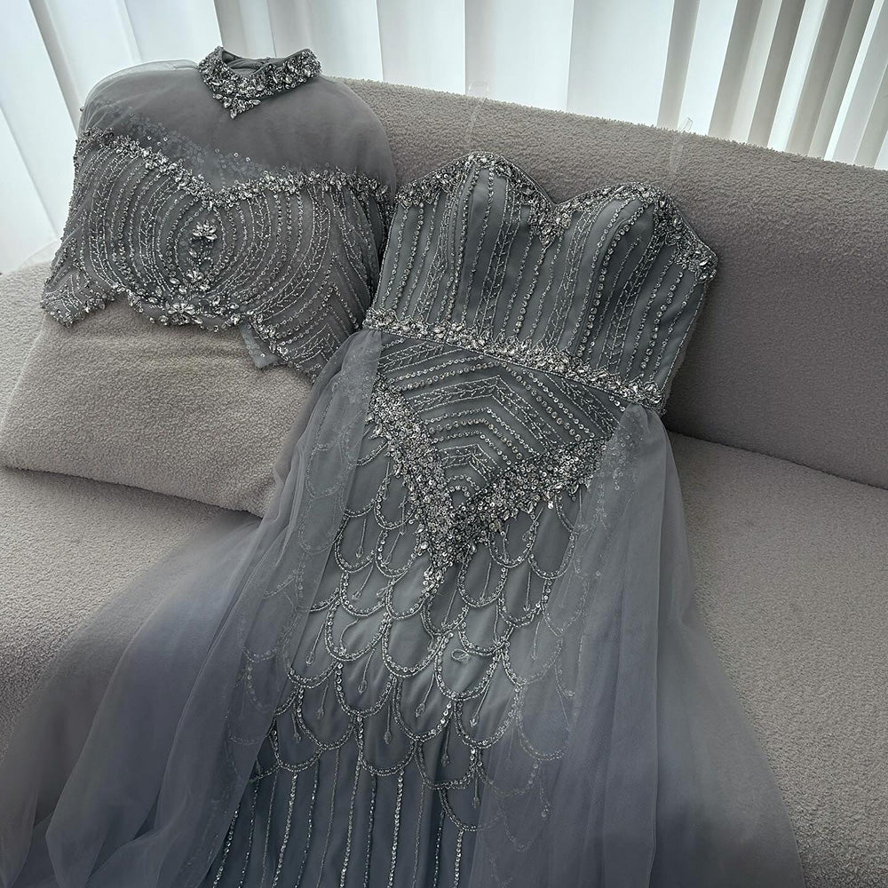 Luxury Gray Beaded Evening Dress with Overskirt LA73129 - SERENE  HILL