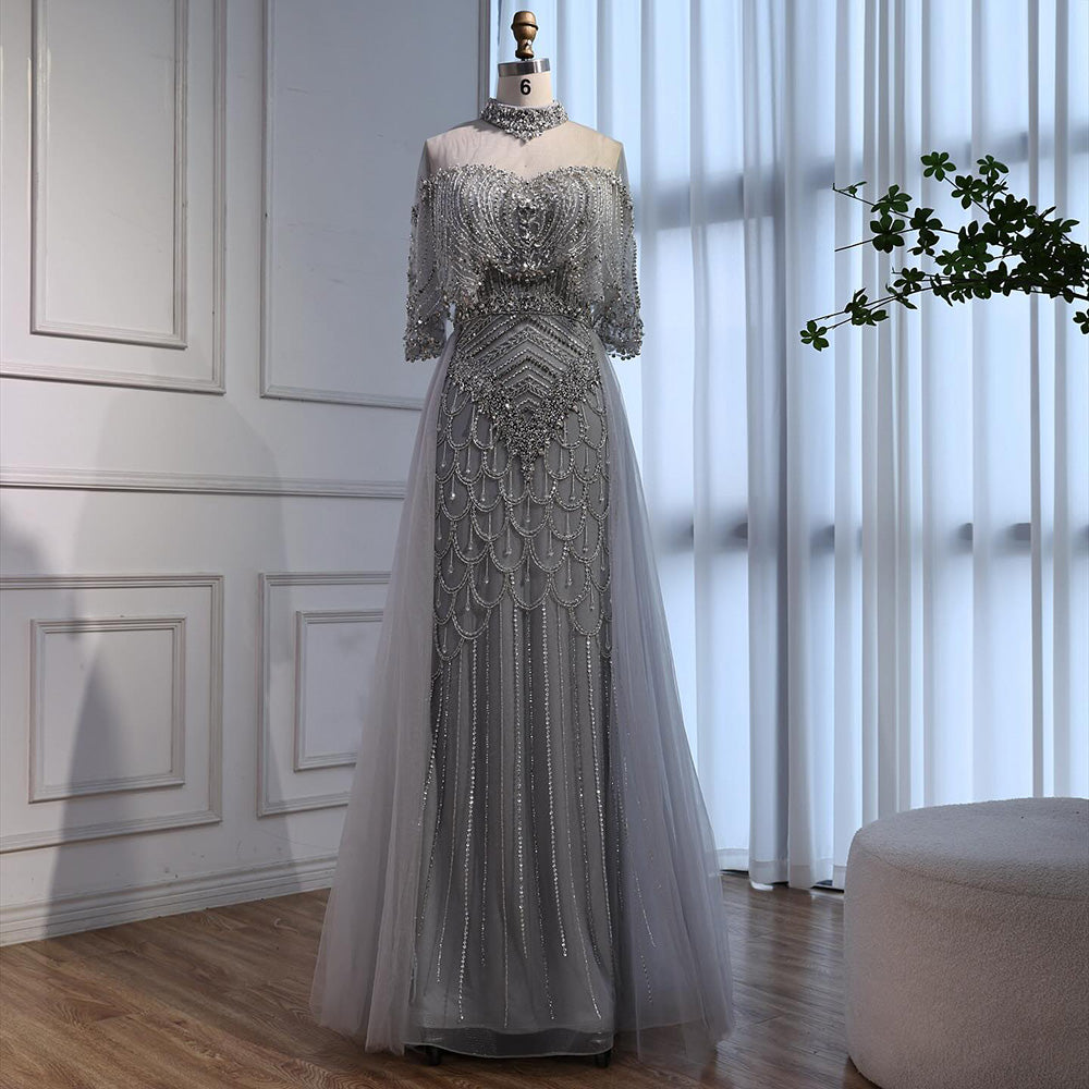 Luxury Gray Beaded Evening Dress with Overskirt LA73129 18W / Grey