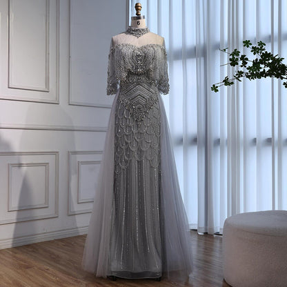 Luxury Gray Beaded Evening Dress with Overskirt LA73129 - SERENE  HILL
