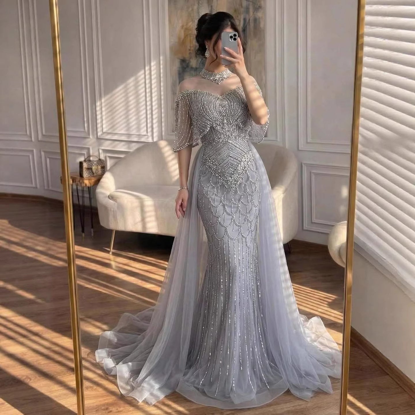 Luxury Gray Beaded Evening Dress with Overskirt LA73129 - SERENE  HILL