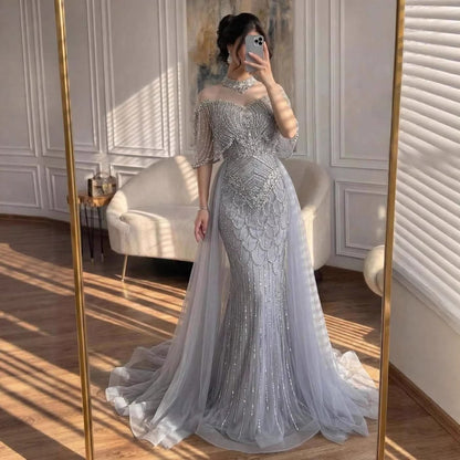 Luxury Gray Beaded Evening Dress with Overskirt LA73129 - SERENE  HILL