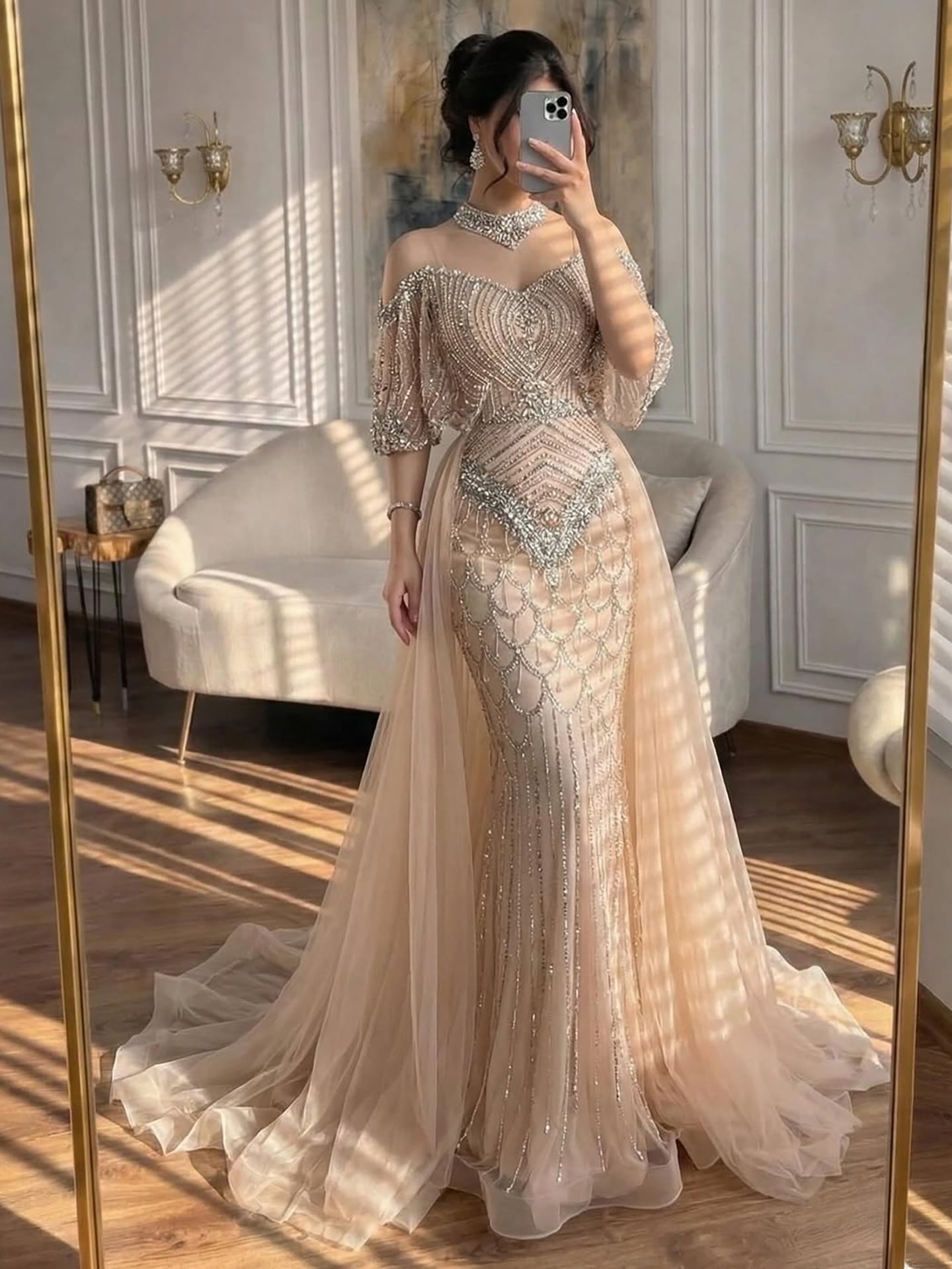 Luxury Gray Beaded Evening Dress with Overskirt LA73129 18W / Grey