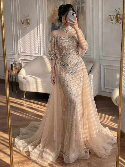 Luxury Gray Beaded Evening Dress with Overskirt LA73129 - SERENE  HILL