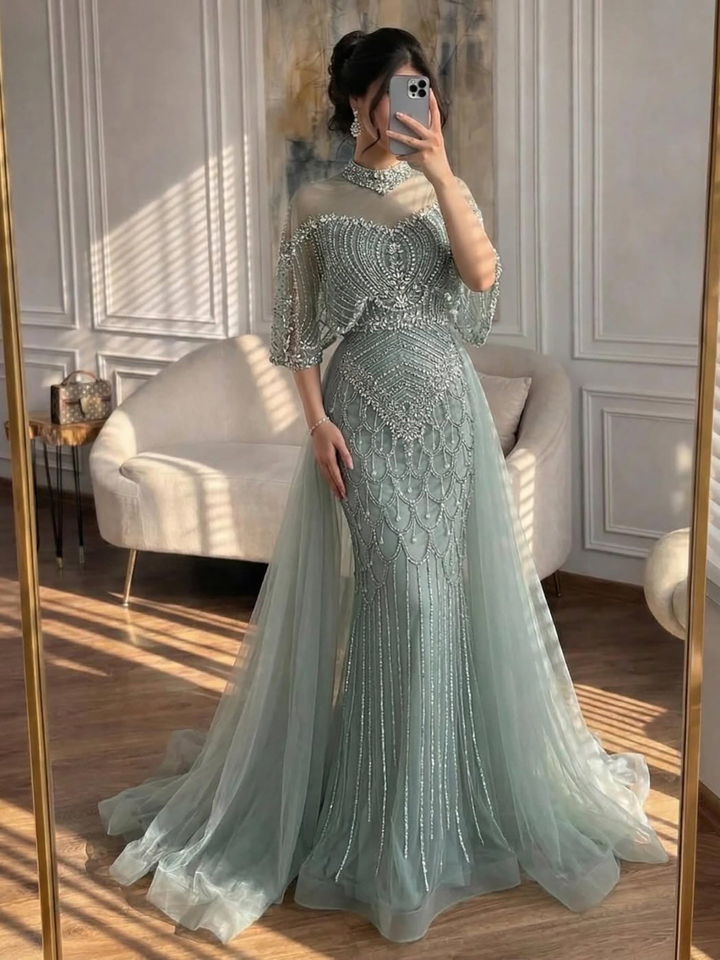 Luxury Gray Beaded Evening Dress with Overskirt LA73129 – SERENE HILL